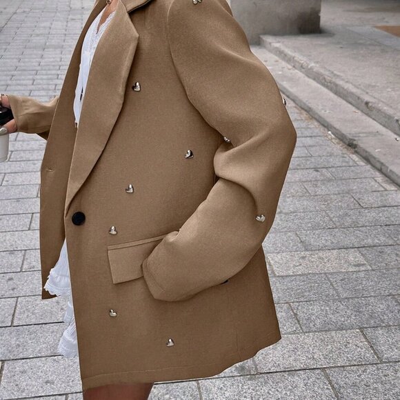 Khaki Casual Women's Blazer With Metal Heart Decor - Picture 2 of 6